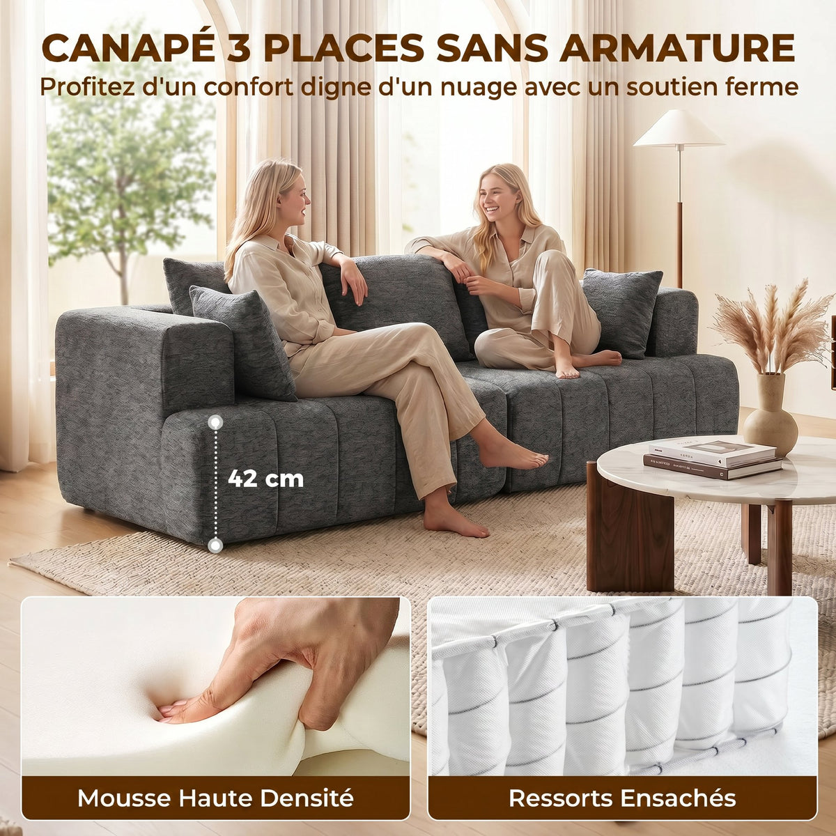 Canapé 3 places chenille gris, assise profonde, 248 cm, détail 4