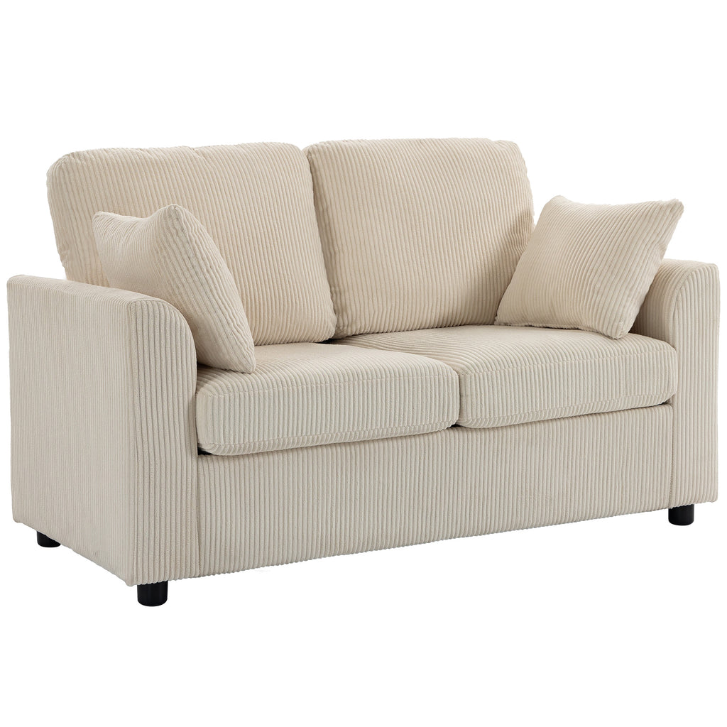 Canapé 2 places velours côtelé beige, 144 cm, sur fond blanc