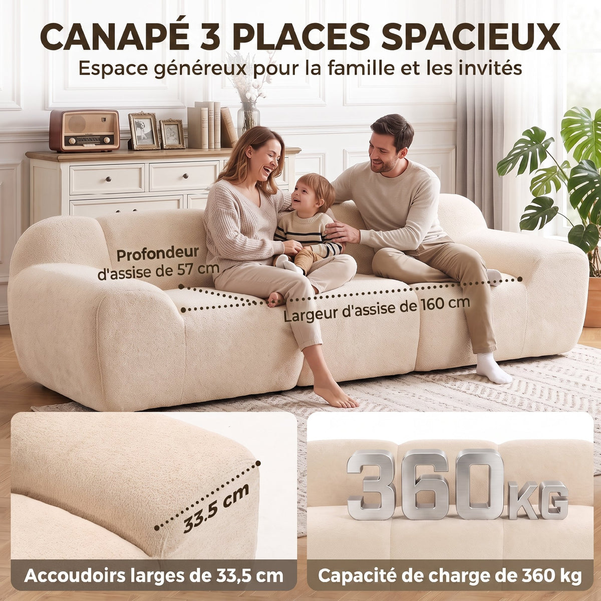 Canapé nuage 3 places chenille beige, 233 cm, détail 7