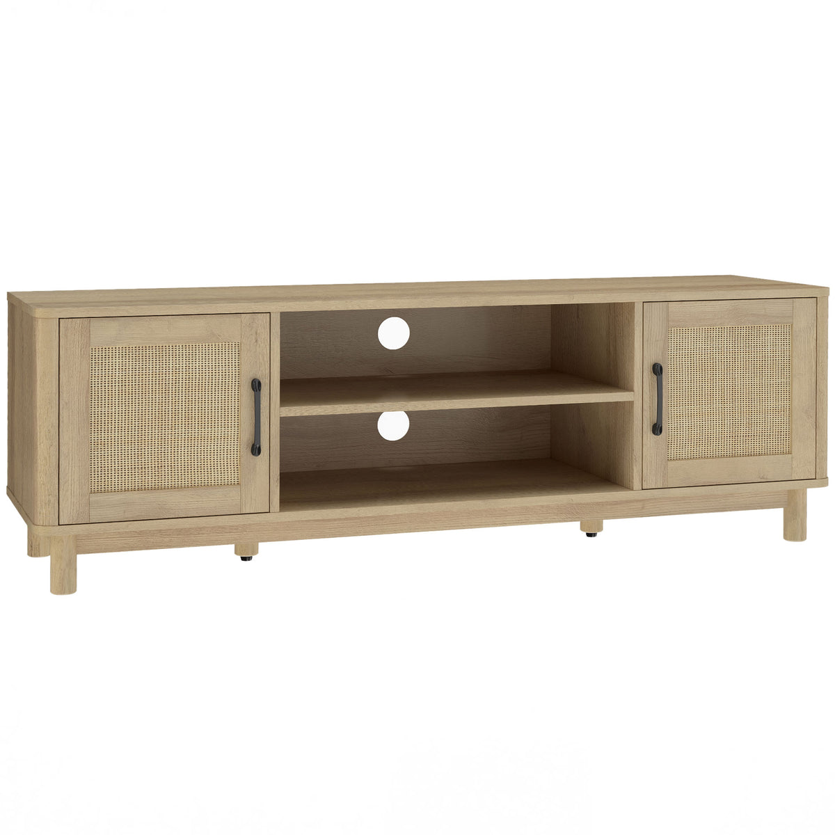 Meuble TV rotin et chêne, portes cannées, 135 cm, sur fond blanc