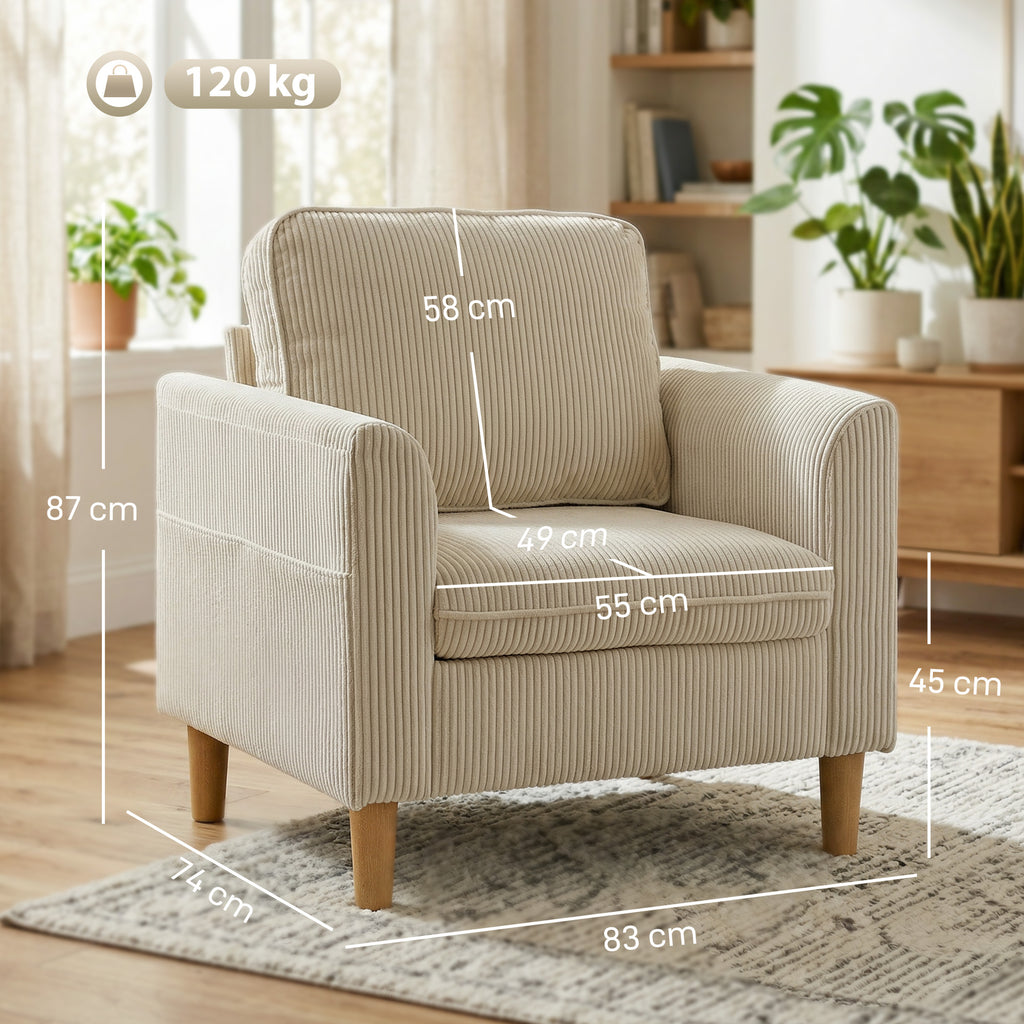 Fauteuil velours côtelé beige, 83 × 74 × 87 cm, vue 3 – Saint-Oréan