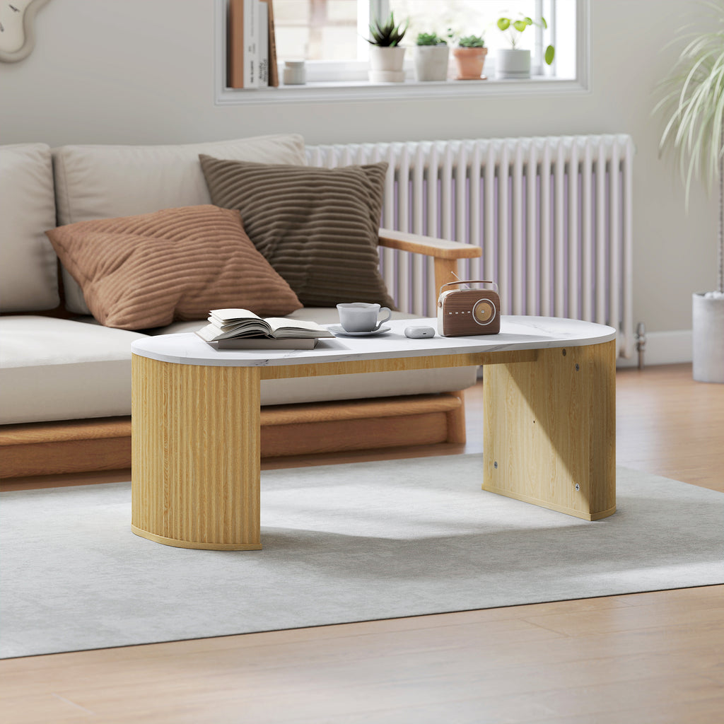 Table basse ovale effet marbre blanc, pieds bois, 110 × 50 cm, détail 6