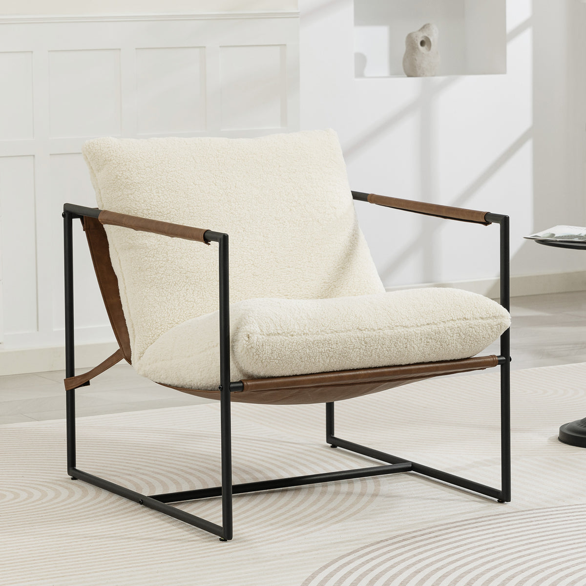 Fauteuil bouclette crème, structure acier noir, 77 × 91 × 80 cm, vue 6 – Saint-Oréan