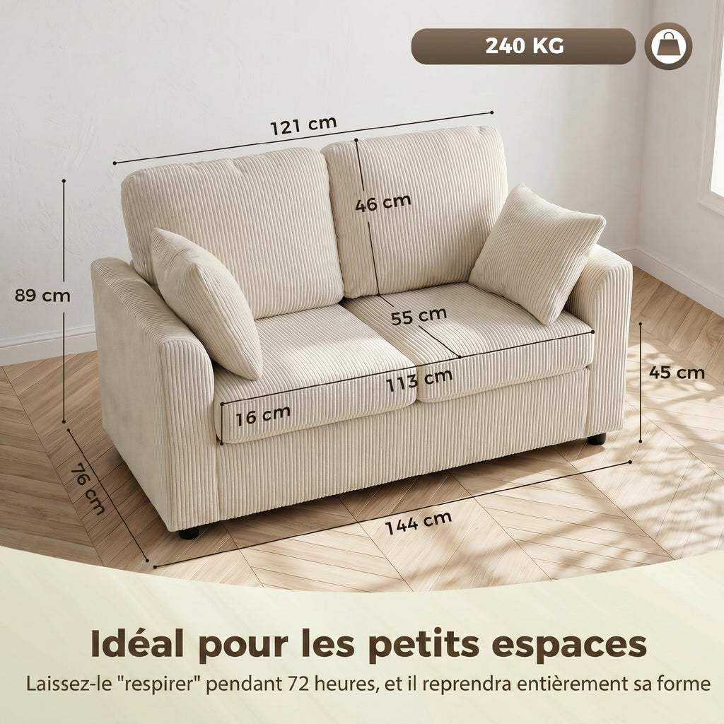 Canapé 2 places velours côtelé beige, 144 cm, détail 4