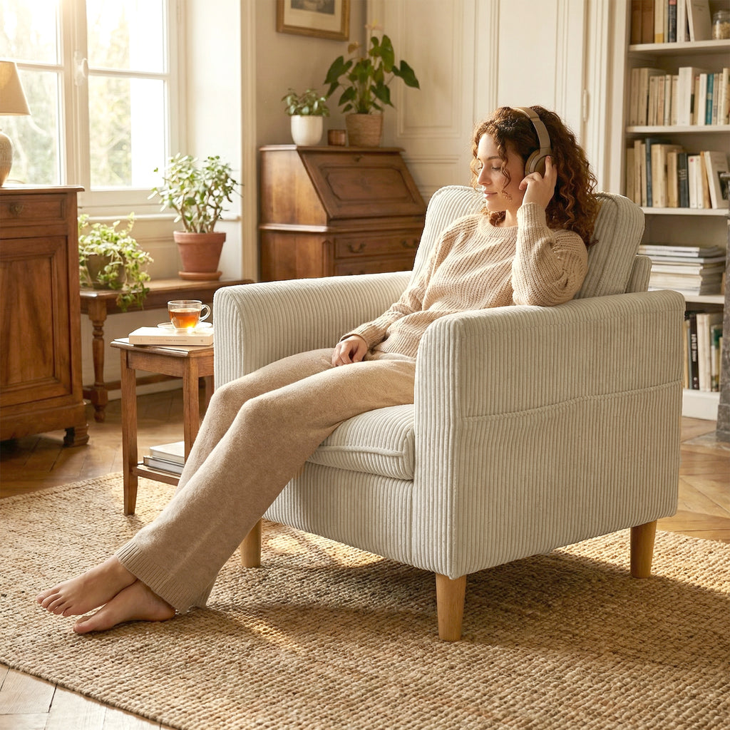 Fauteuil velours côtelé beige, 83 × 74 × 87 cm, vue 5 – Saint-Oréan