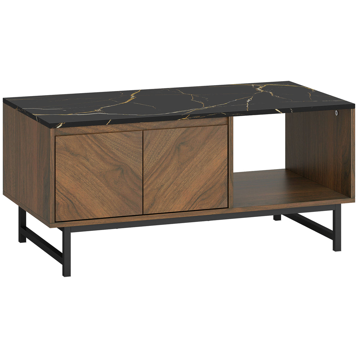Table basse effet marbre noir et noyer avec rangement, 100 cm, sur fond blanc