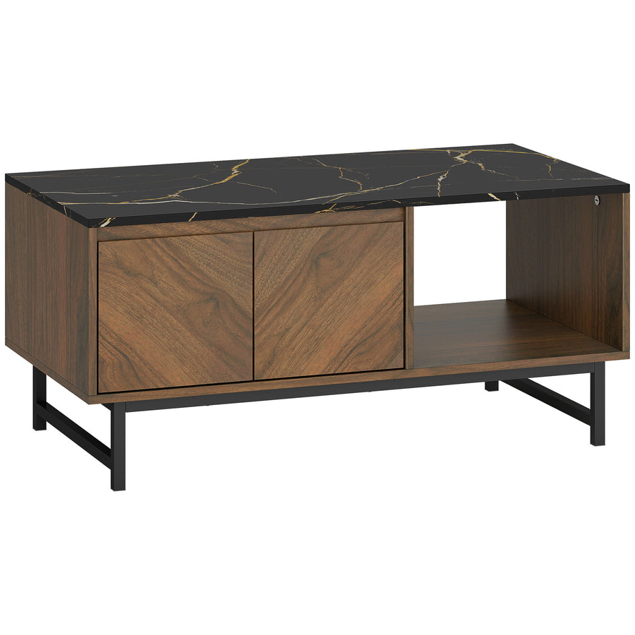Table basse effet marbre noir et noyer avec rangement