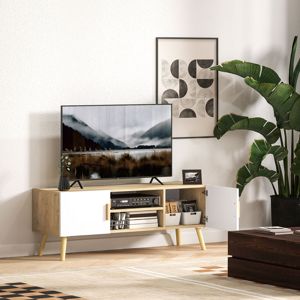 Meuble TV chêne et blanc, 2 portes, 110 cm