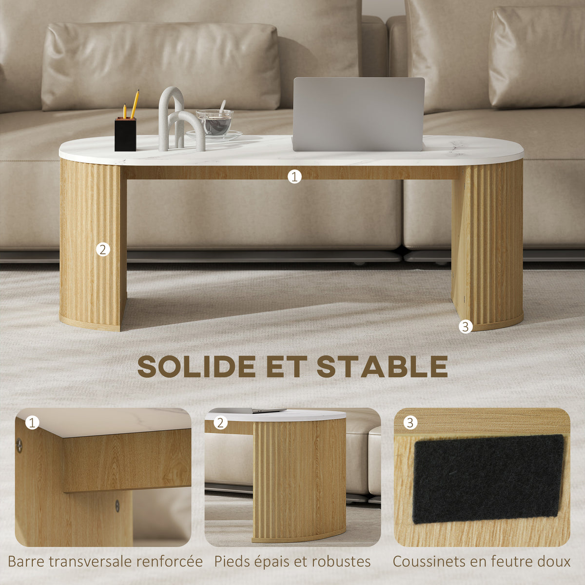 Table basse ovale effet marbre blanc, pieds bois, 110 × 50 cm, détail 2
