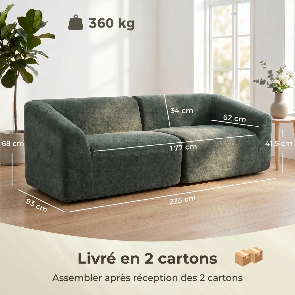 Canapé 3 places chenille vert foncé, 225 cm, détail 6