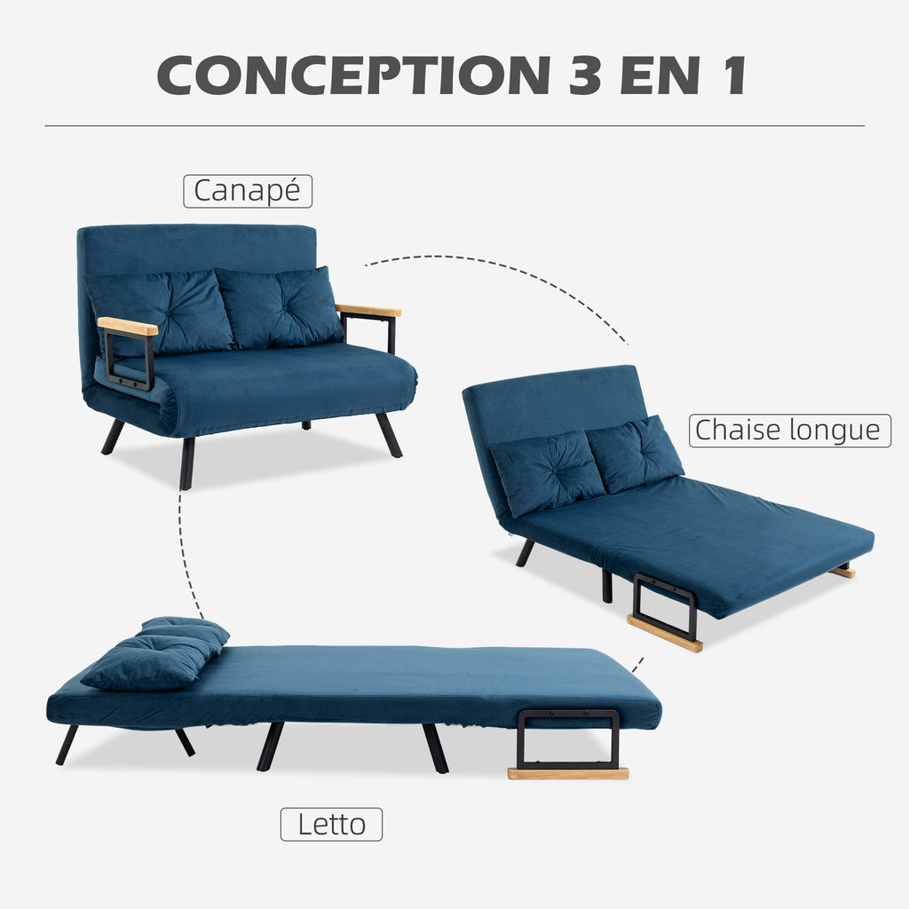 Canapé convertible 2 places velours bleu marine, 102 cm, détail 6