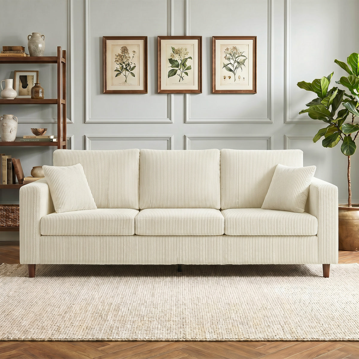Canapé 3 Places en Velours Côtelé, Canapé de Salon Moderne 225 cm, Assise Large, Coussin à Ressorts, Crème-7