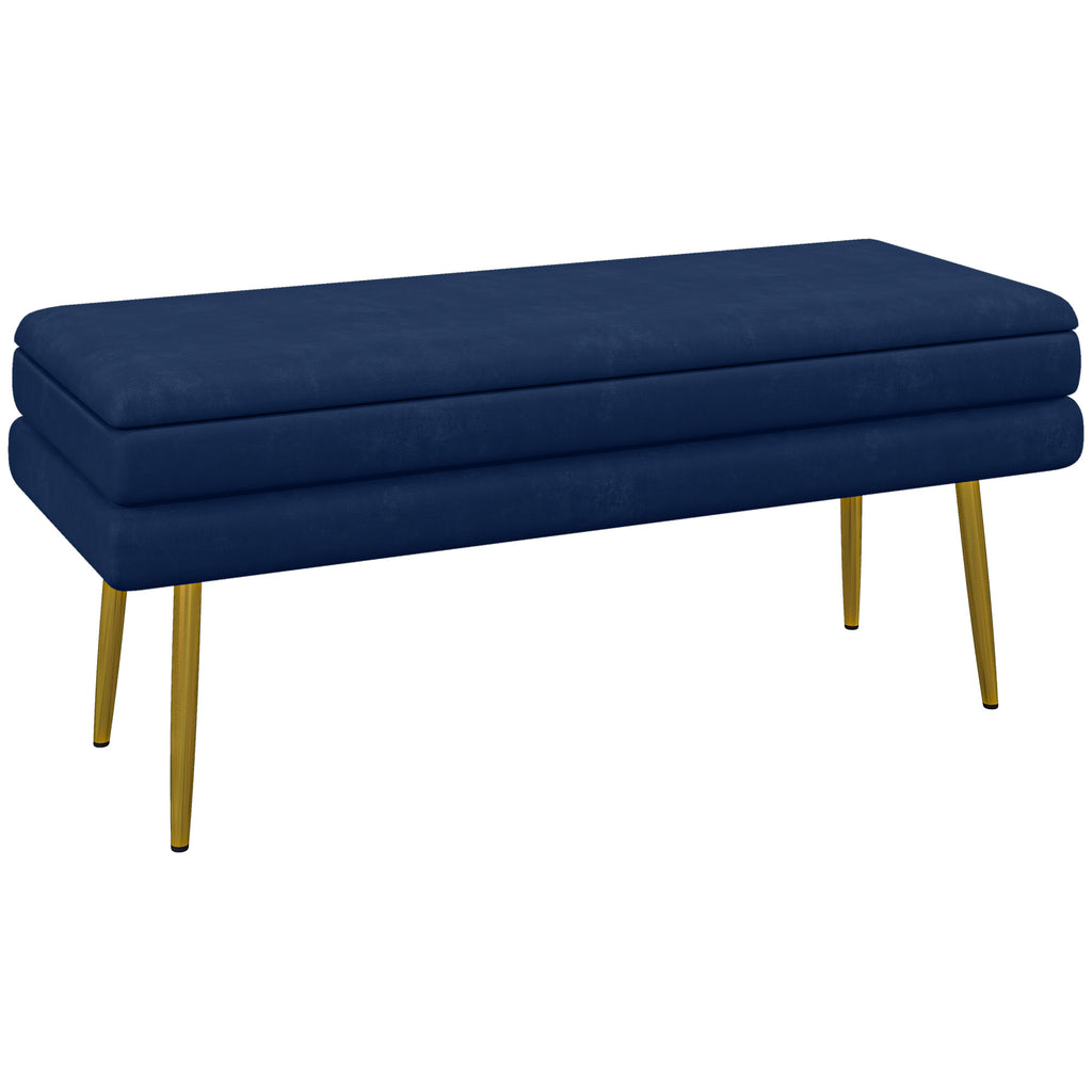 Banc coffre velours bleu marine, pieds dorés, 100 cm, sur fond blanc