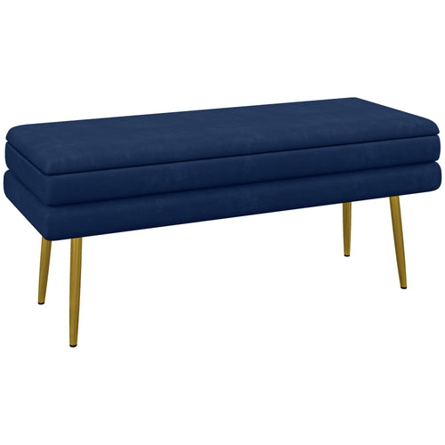 Banc coffre velours bleu marine, pieds dorés, 100 cm, sur fond blanc