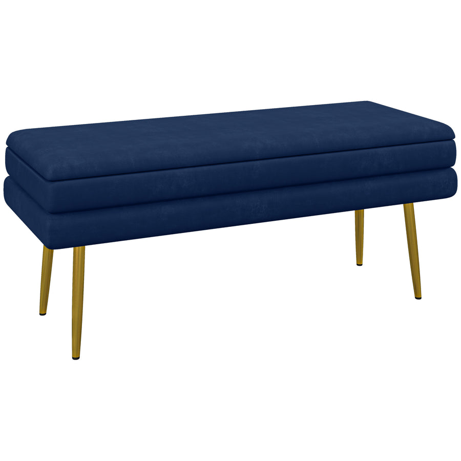 Banc coffre velours bleu marine, pieds dorés