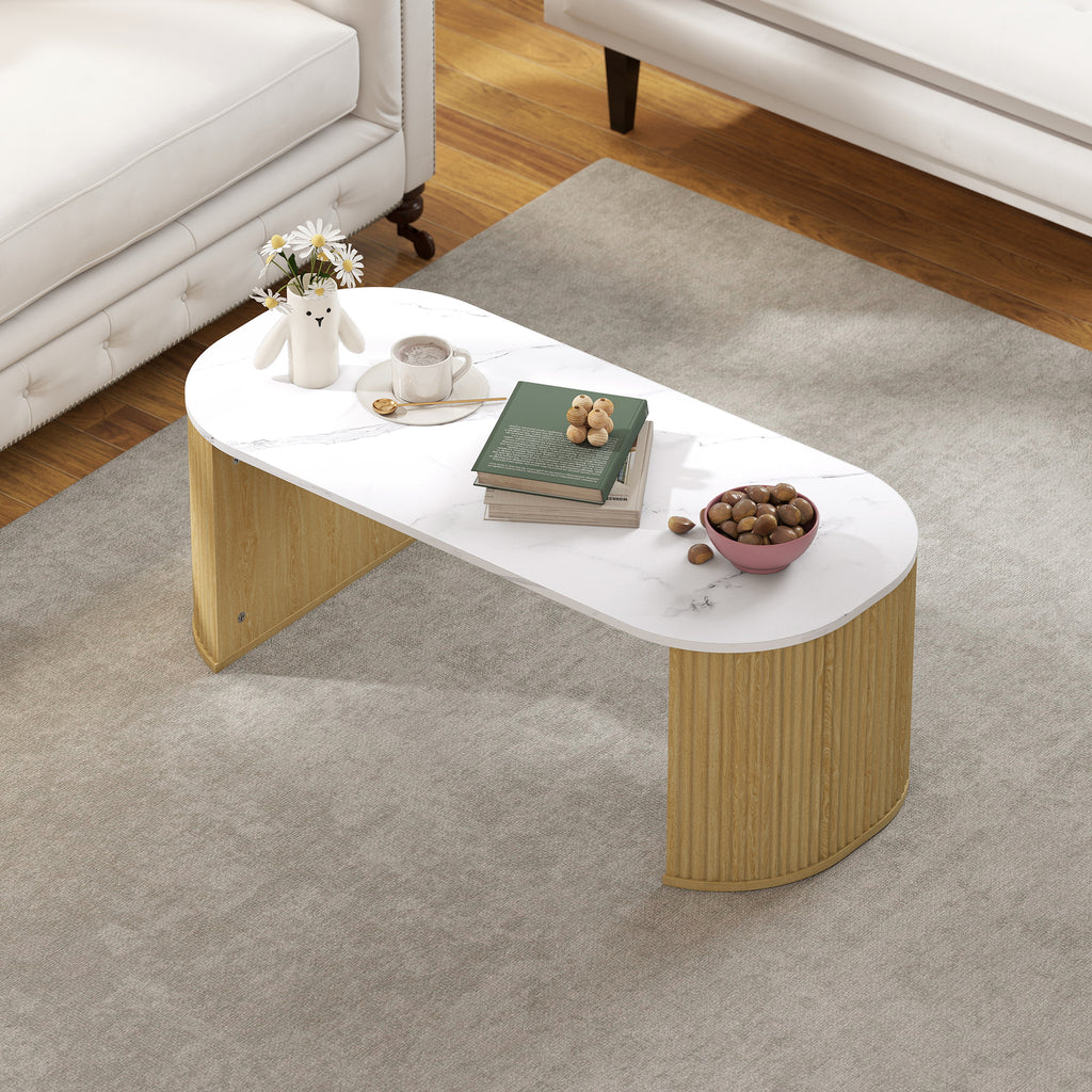 Table basse ovale effet marbre blanc, pieds bois, 110 × 50 cm