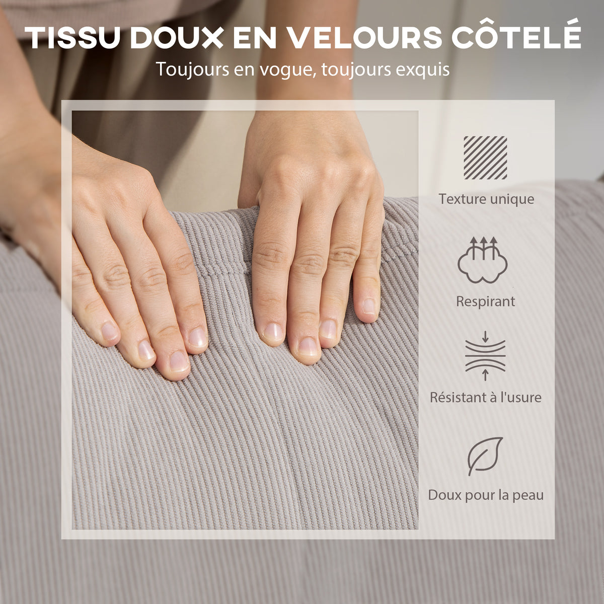 Canapé d'angle réversible velours côtelé gris clair, 192 × 137 cm, détail 5