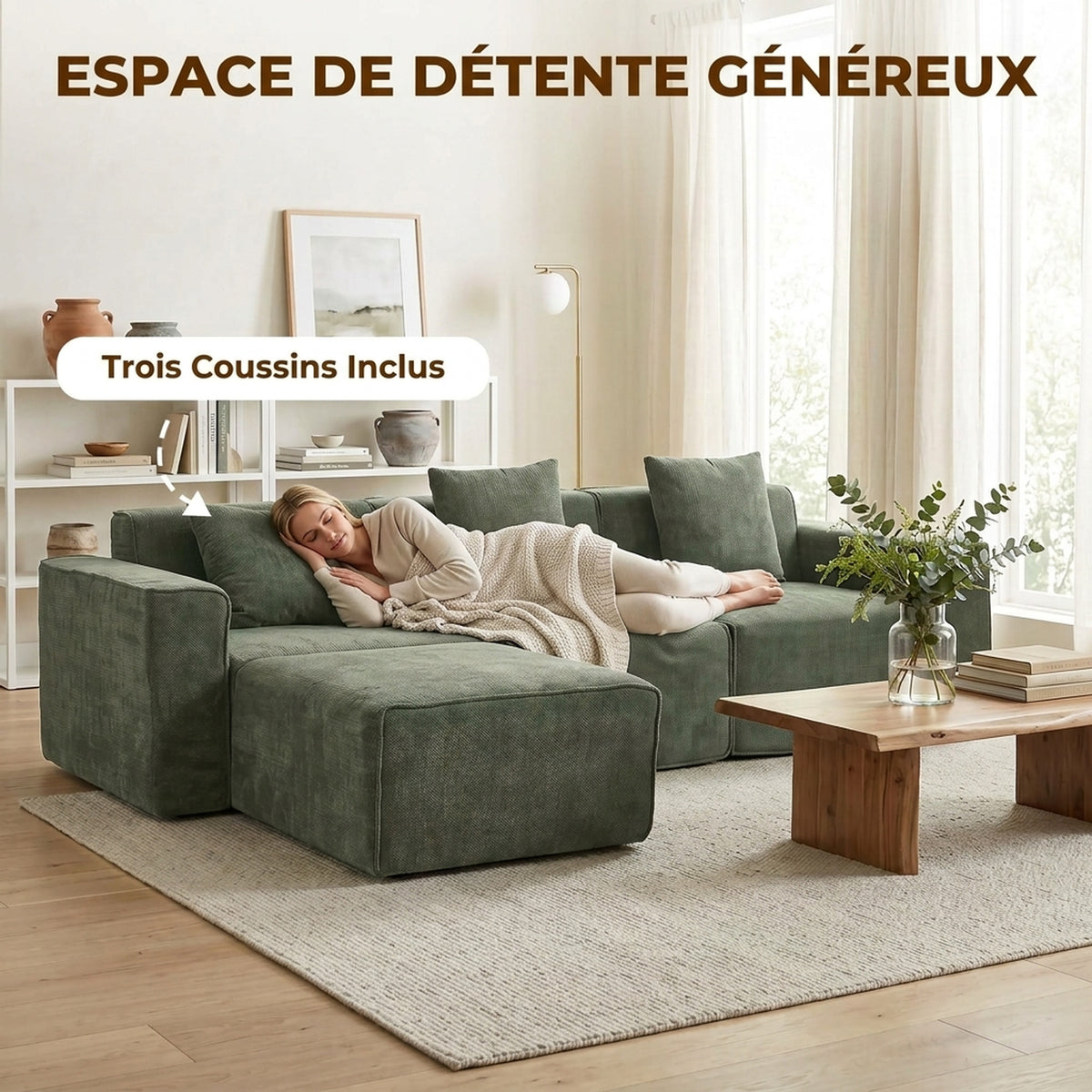 Canapé d'angle modulable chenille vert avec pouf, 251 cm, détail 5