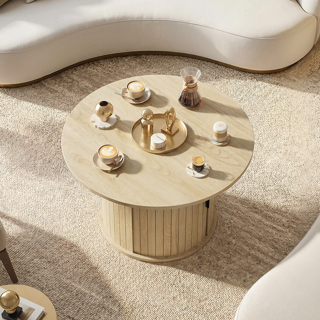 Table basse ronde à lattes avec rangement, bois naturel, vue 4 – Saint-Oréan