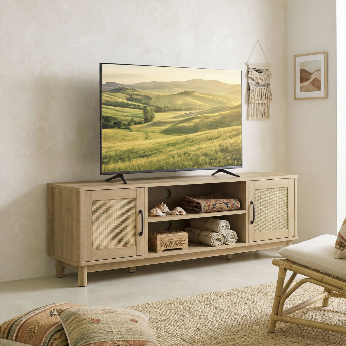 Meuble TV rotin et chêne, portes cannées, 135 cm, détail 8