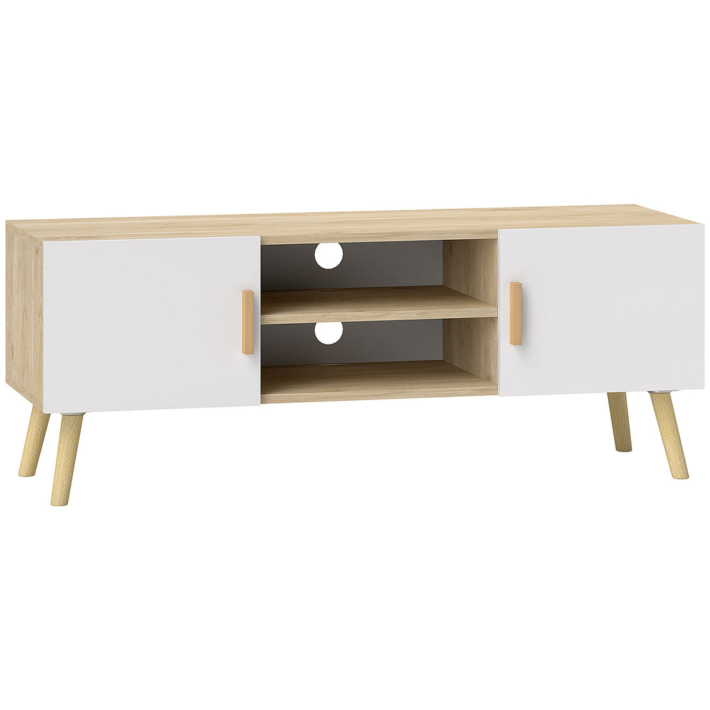 Meuble TV chêne et blanc, 2 portes, 110 cm, sur fond blanc