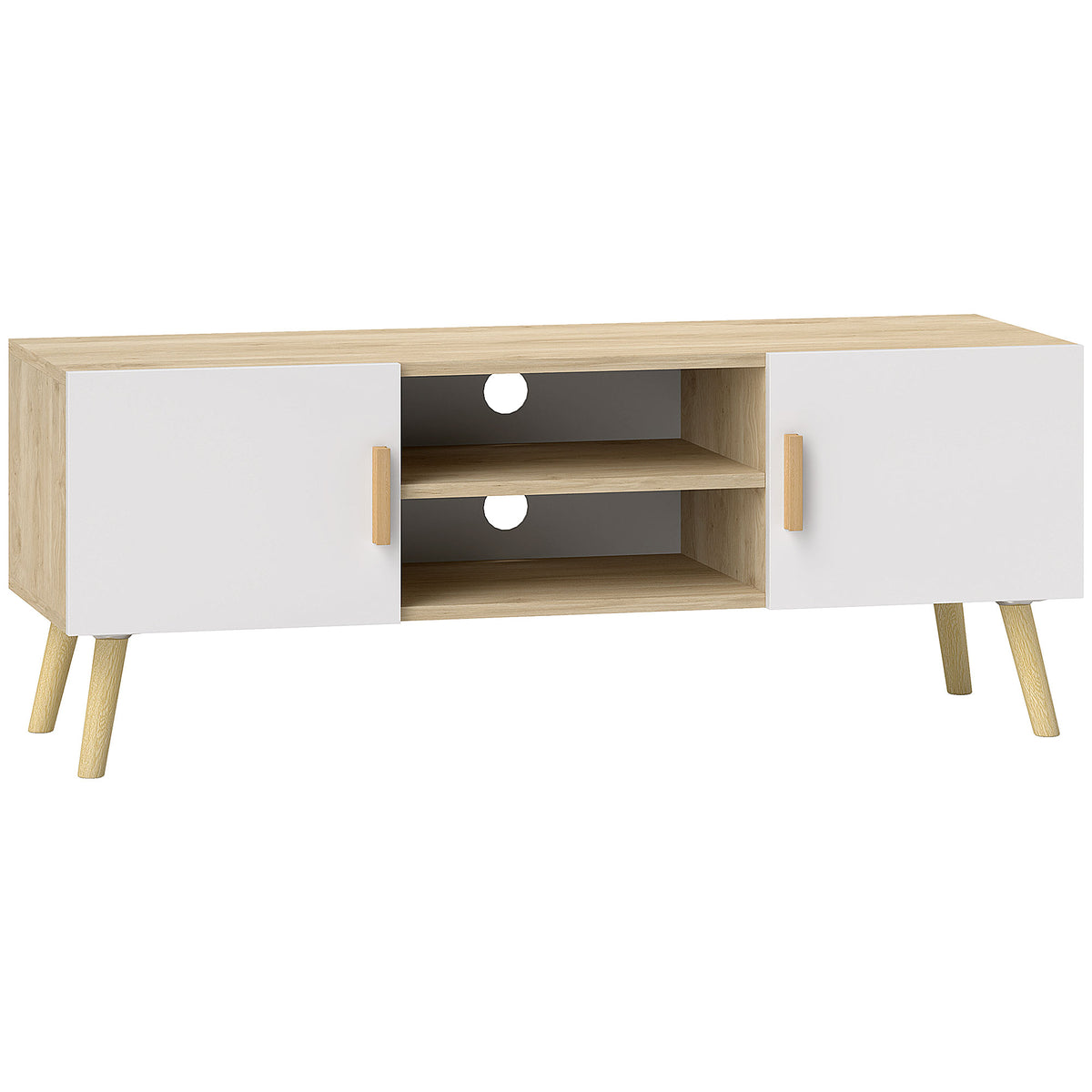 Meuble TV chêne et blanc, 2 portes, 110 cm, sur fond blanc