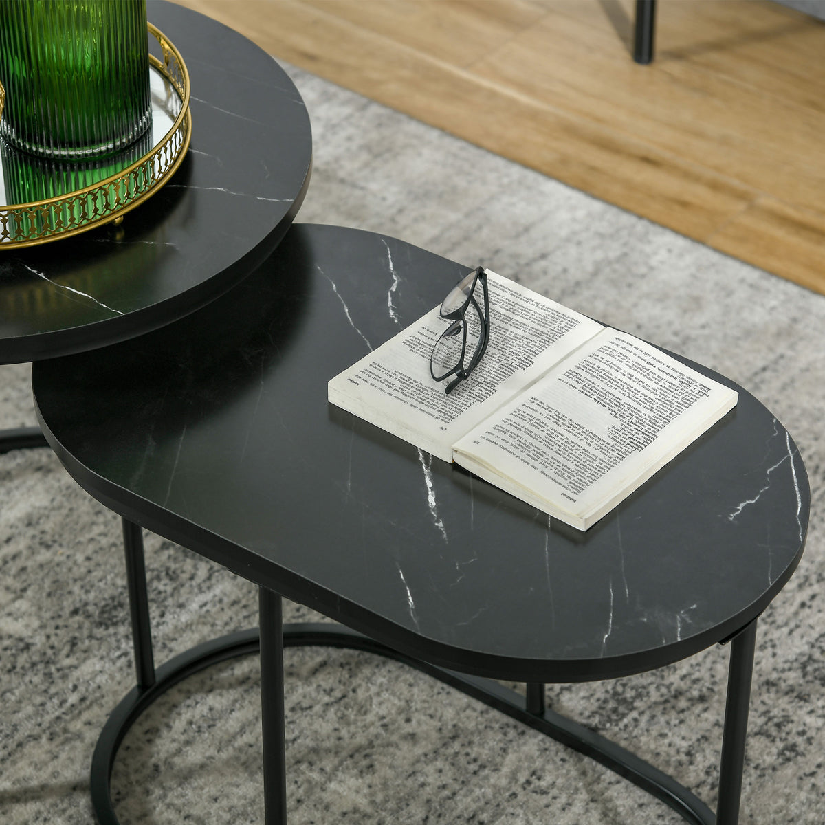 Lot de 2 tables gigognes effet marbre noir, acier, détail 8