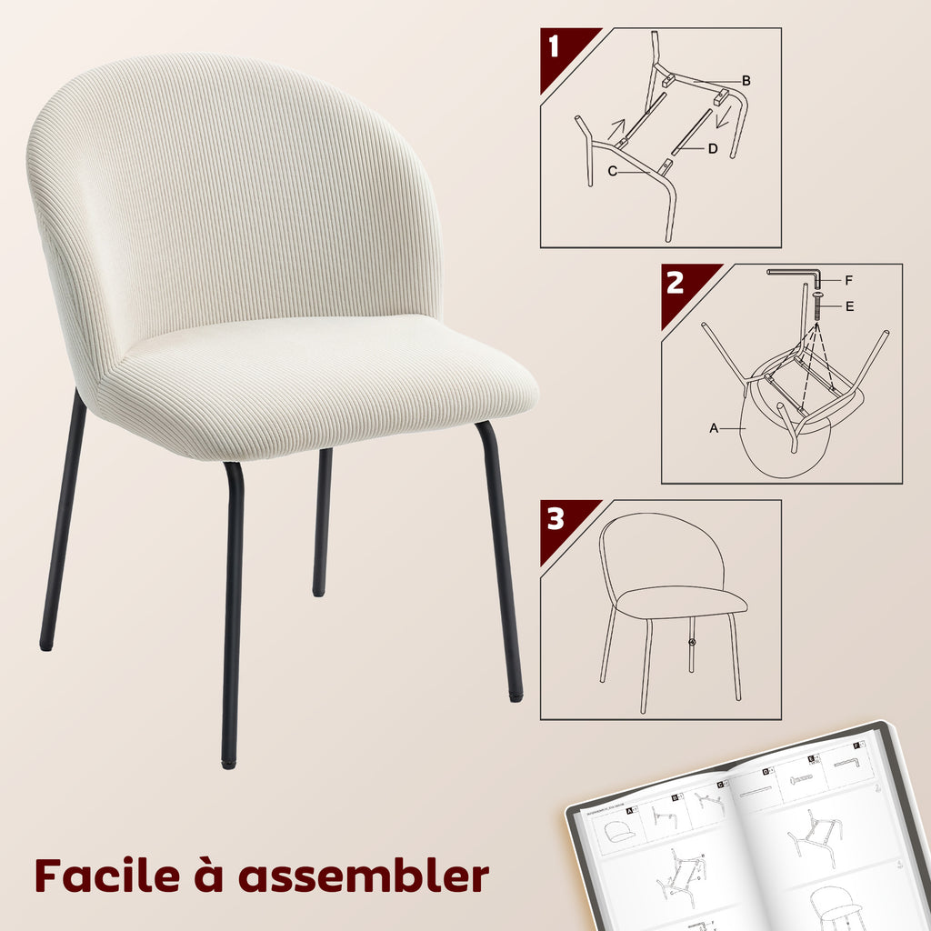 Lot de 2 chaises velours côtelé crème, pieds acier, détail 8