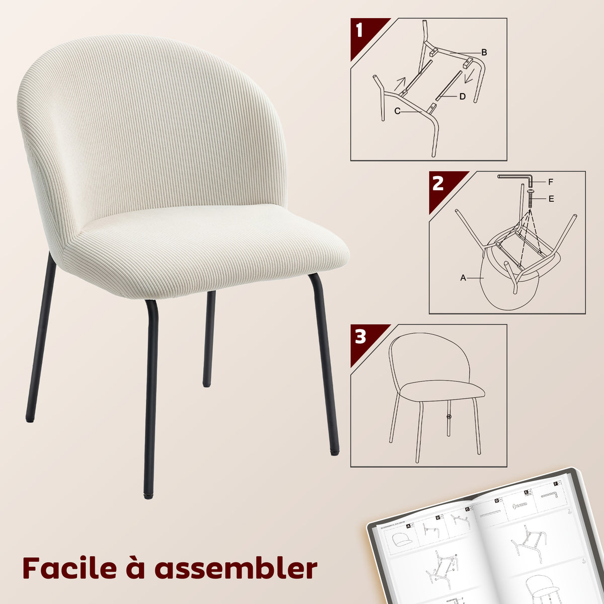 Lot de 2 chaises velours côtelé crème, pieds acier, détail 8