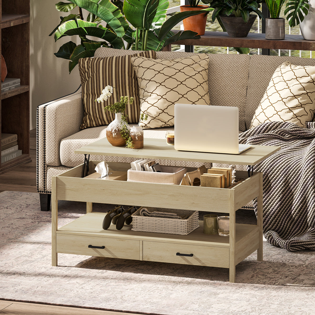 Table basse relevable chêne avec tiroirs, 100 × 50 cm, détail 4