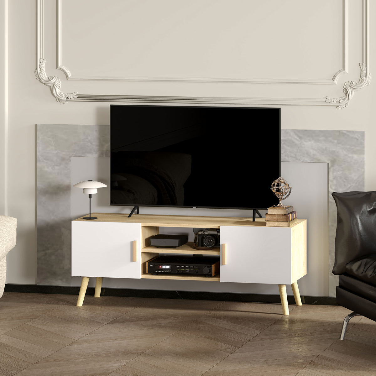 Meuble TV chêne et blanc, 2 portes, 110 cm, détail 2