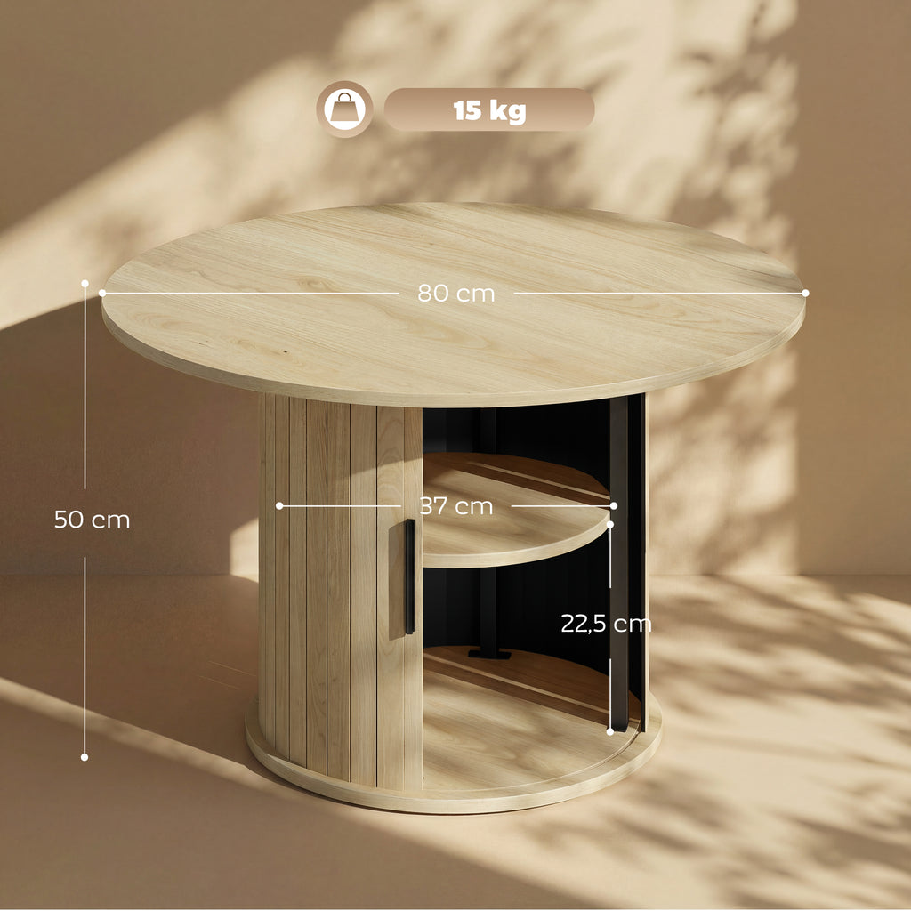 Table basse ronde à lattes avec rangement, bois naturel, vue 3 – Saint-Oréan