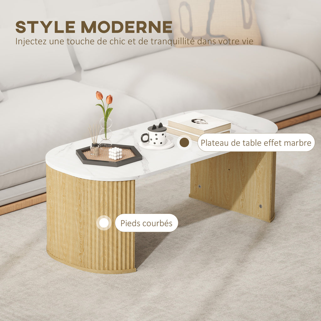 Table basse ovale effet marbre blanc, pieds bois, 110 × 50 cm, détail 1