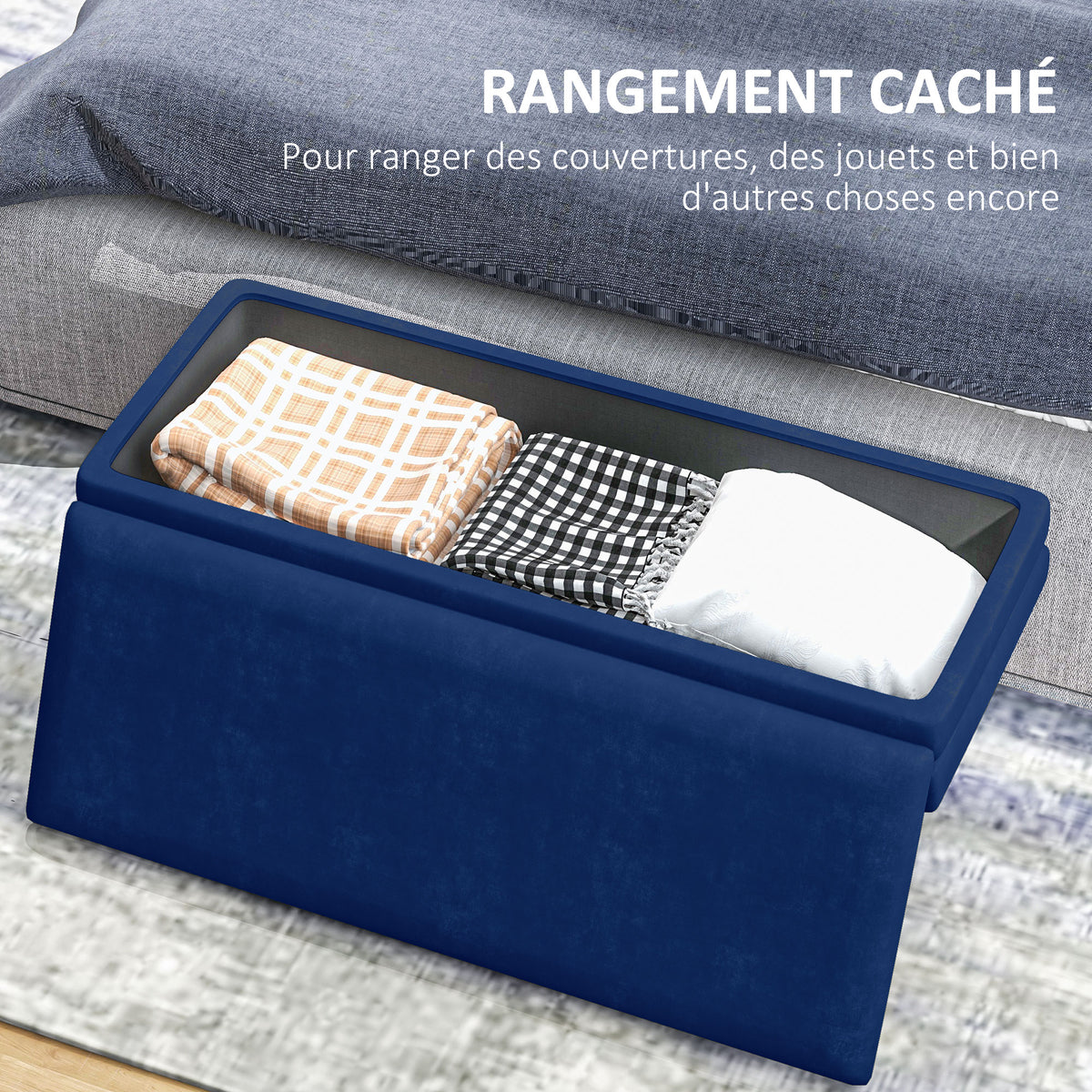 Banc coffre velours bleu marine, pieds dorés, 100 cm, détail 4