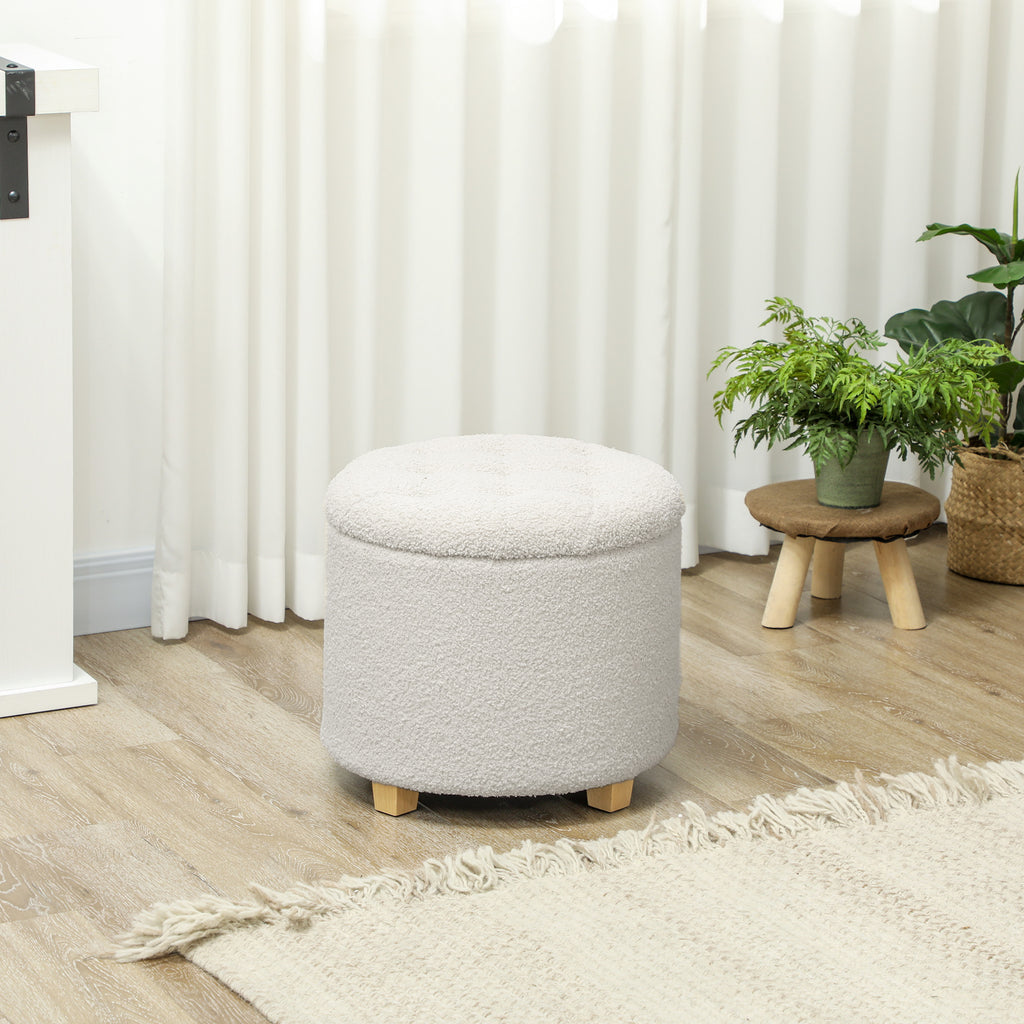 Pouf coffre rond bouclette blanc, pieds pin, Ø 45 cm, vue 6 – Saint-Oréan