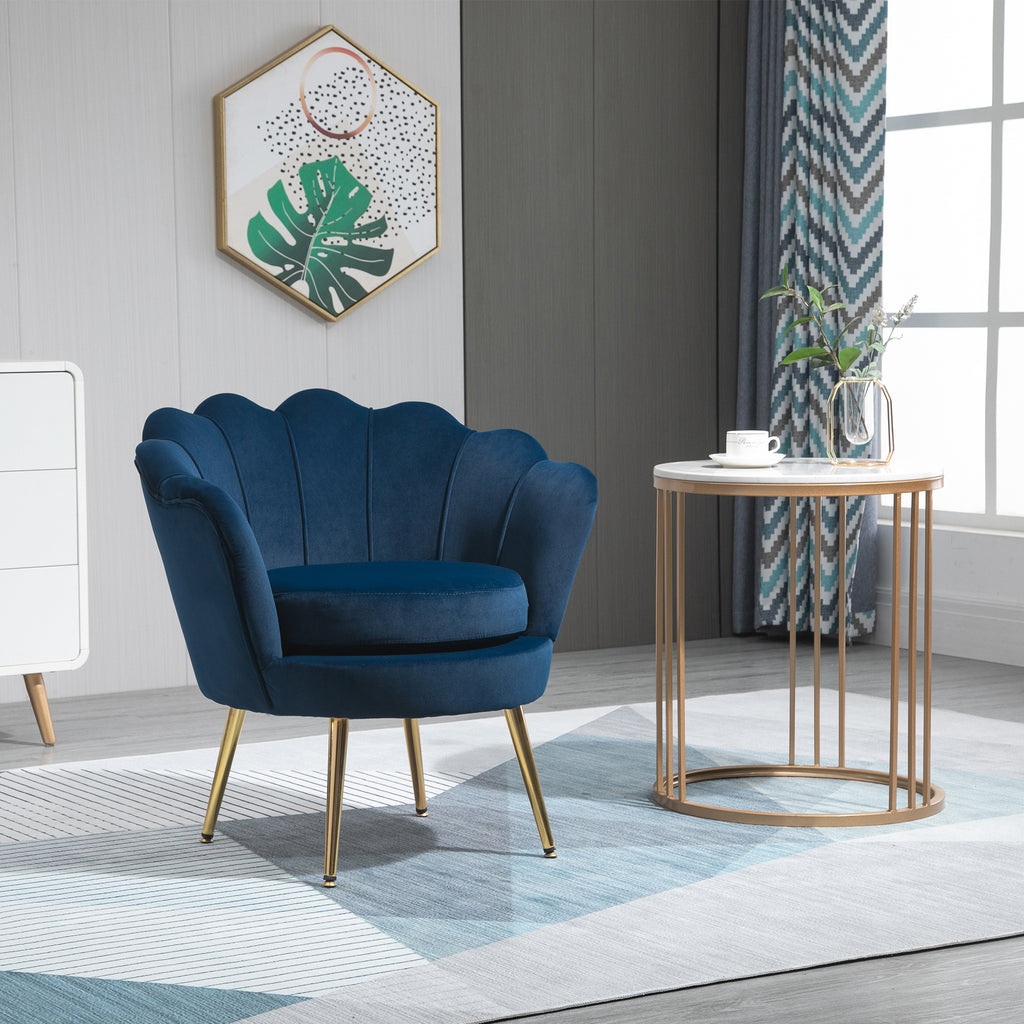 Fauteuil coquillage velours bleu marine, pieds dorés, détail 6