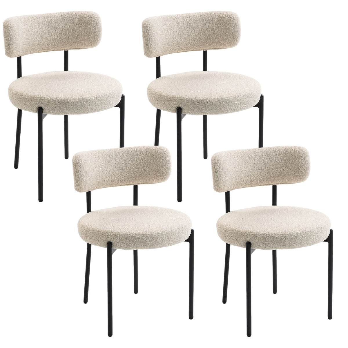 Lot de 4 Chaises Salle à Manger Chaises de Cuisine Rembourrées en Tissu Bouclette Dossier Incurvé Pieds en Acier Beige-0