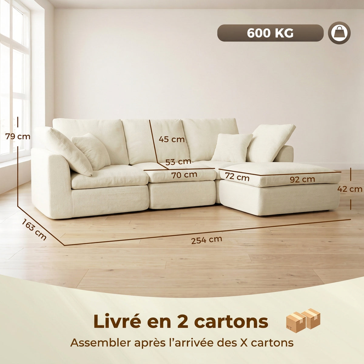 Canapé d'angle modulable chenille crème avec pouf, 254 cm, détail 3