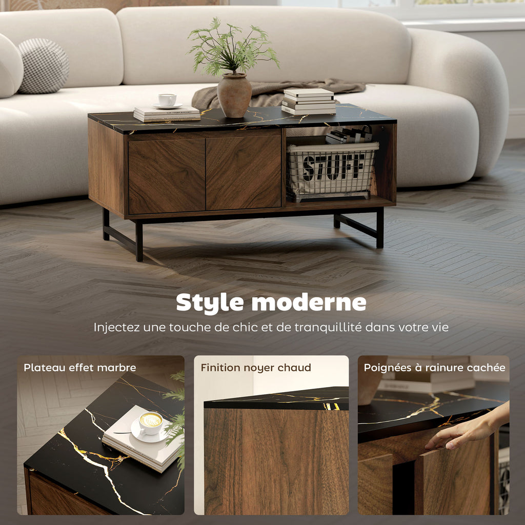 Table basse effet marbre noir et noyer avec rangement, 100 cm, détail 7
