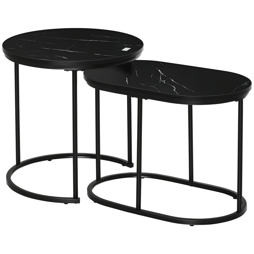 Lot de 2 tables gigognes effet marbre noir, acier, sur fond blanc