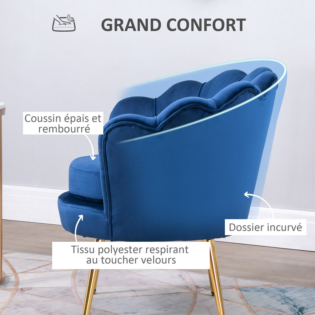 Fauteuil coquillage velours bleu marine, pieds dorés, détail 1