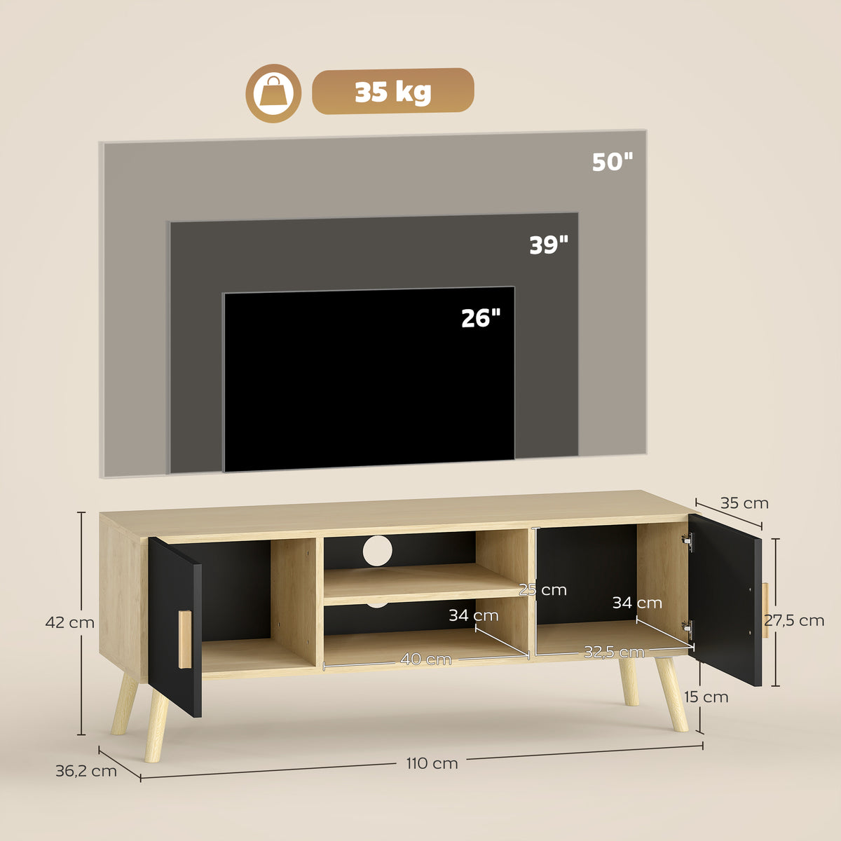 Meuble TV chêne et noir, 2 portes, 110 cm, détail 4