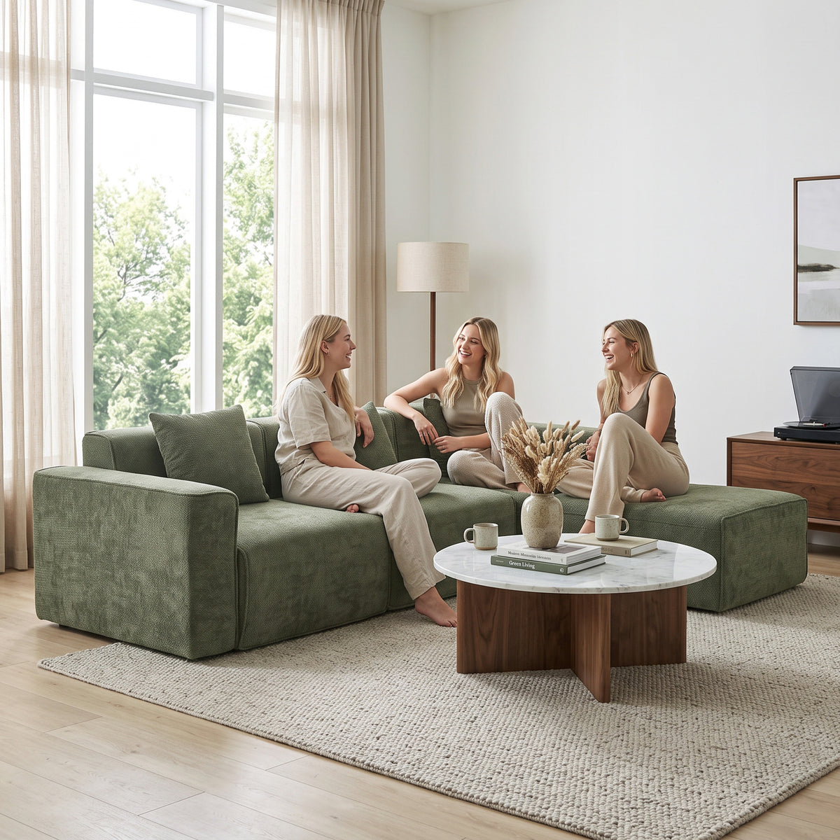 Canapé d'angle modulable chenille vert avec pouf, 251 cm, détail 6