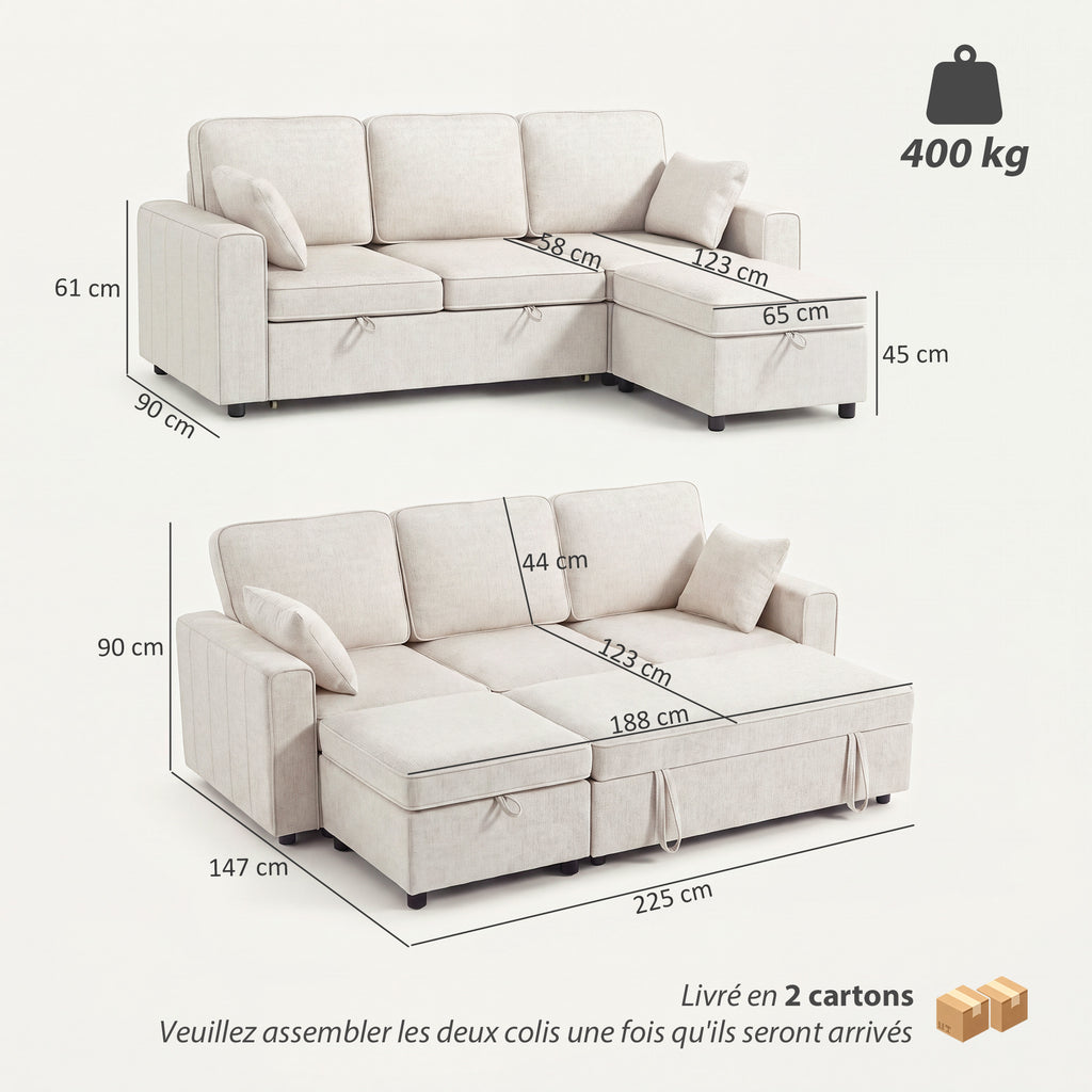 Canapé d'angle convertible chenille beige avec pouf coffre, 225 cm, détail 8