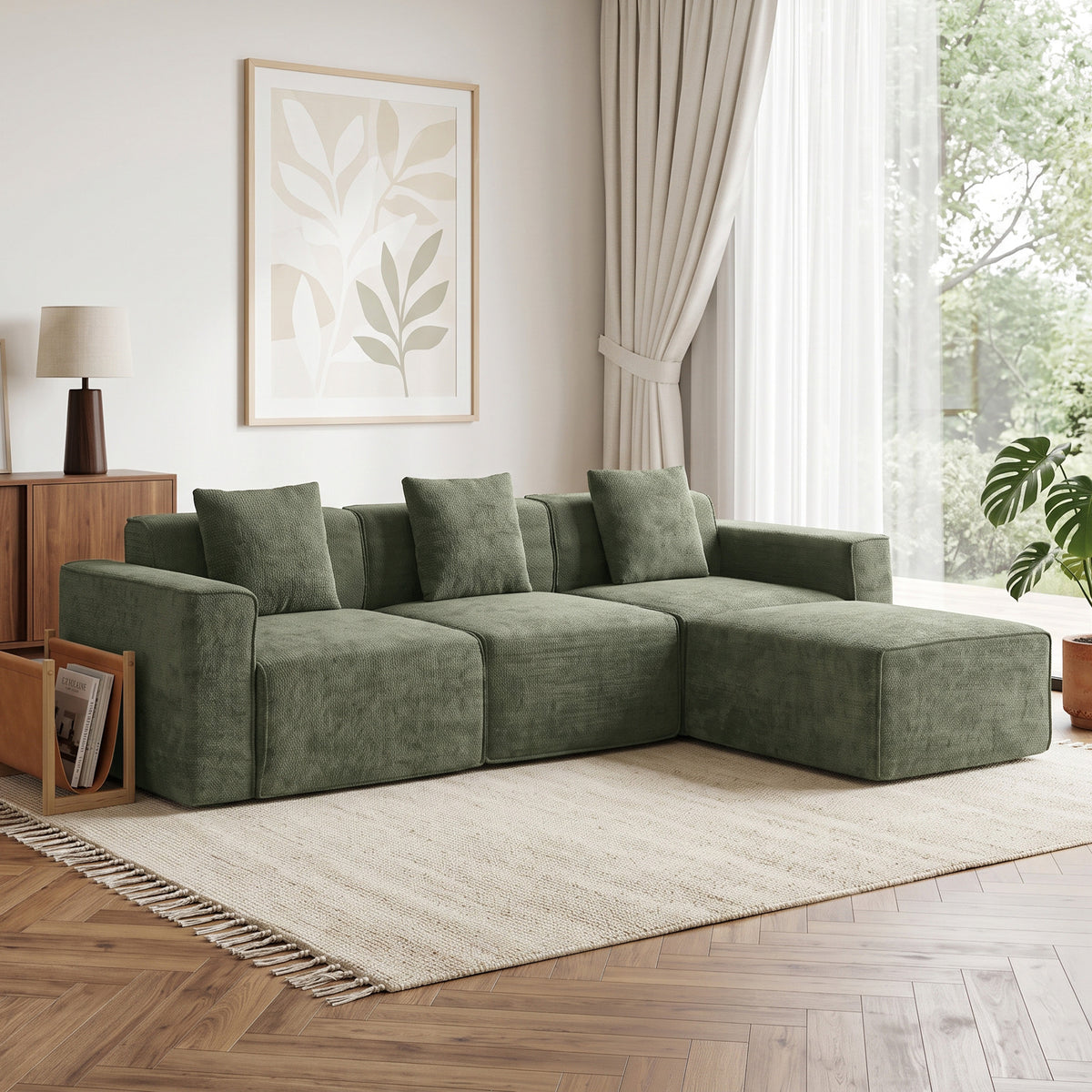 Canapé d'angle modulable chenille vert avec pouf, 251 cm