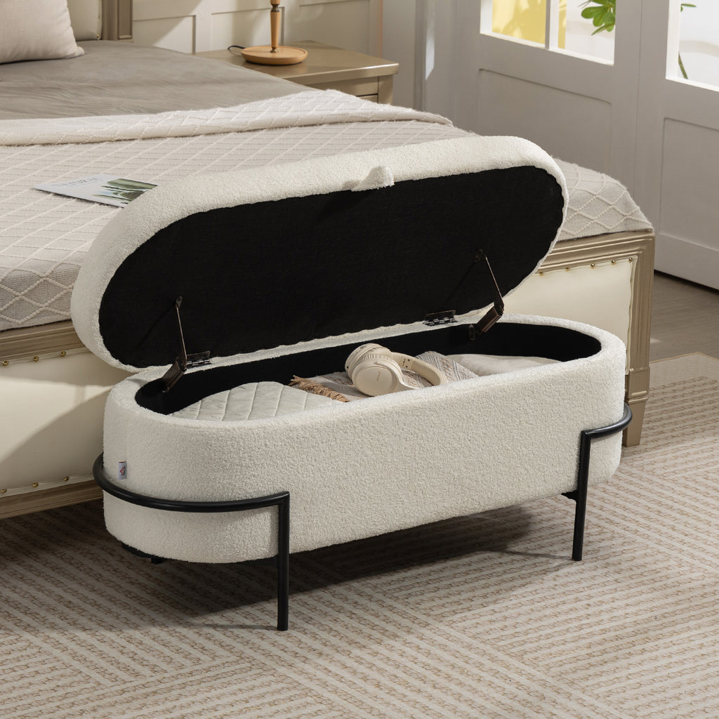 Banc coffre bouclette crème, pieds acier, vue 2 – Saint-Oréan