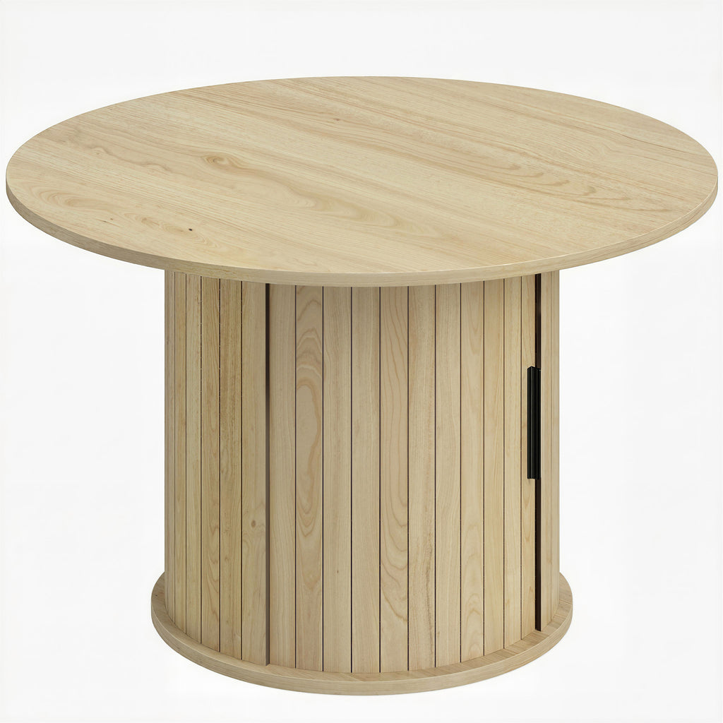 Table basse ronde à lattes avec rangement, bois naturel – Saint-Oréan