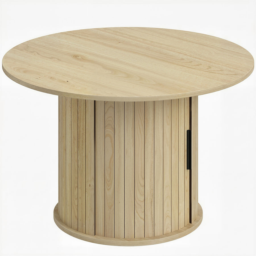 Table basse ronde à lattes avec rangement, bois naturel