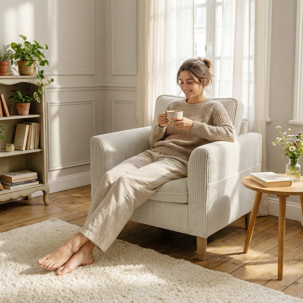 Fauteuil velours côtelé beige, 83 × 74 × 87 cm, vue 4 – Saint-Oréan