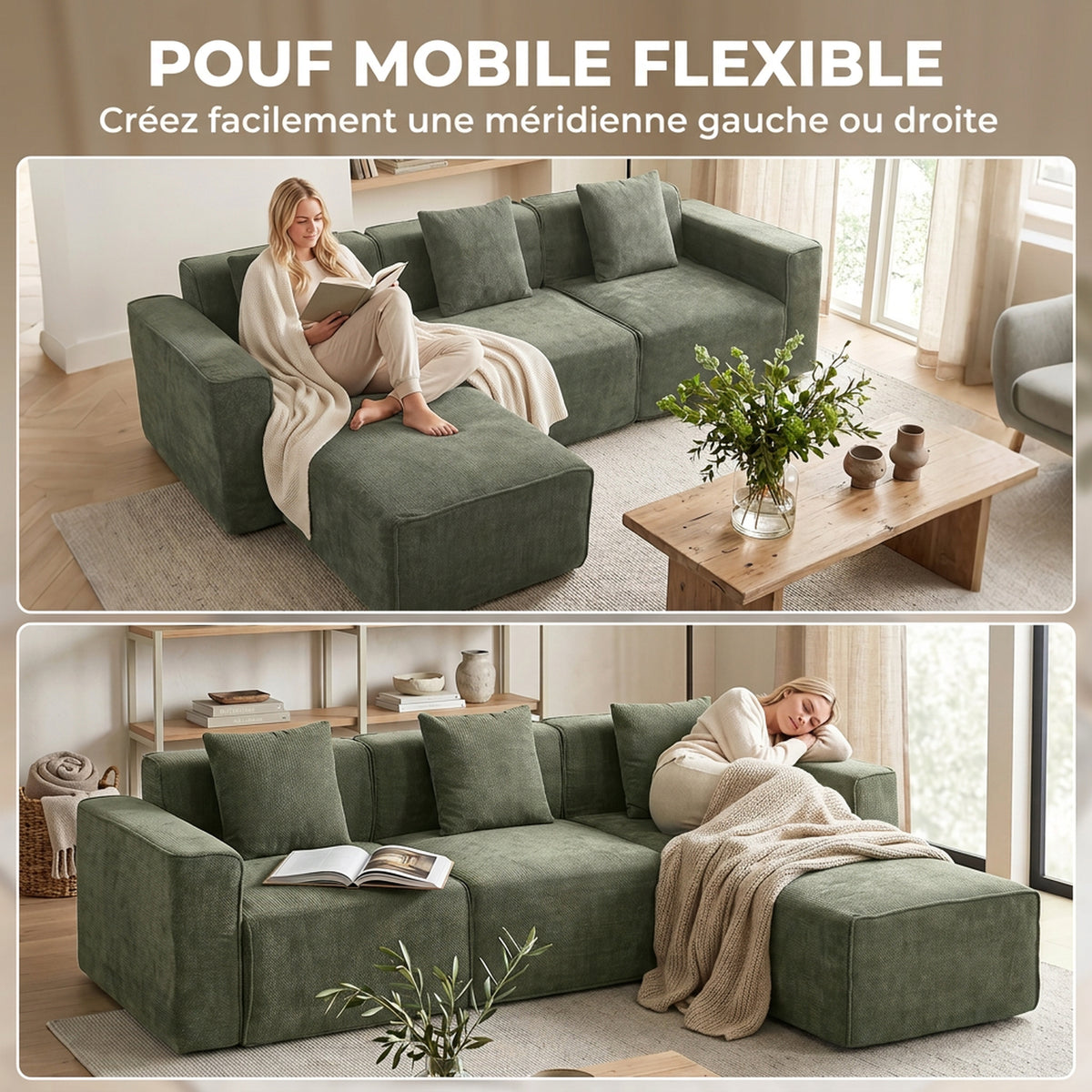 Canapé d'angle modulable chenille vert avec pouf, 251 cm, détail 3